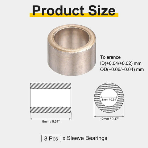 Eight Piece Smooth Operator Self Lubricating Sintered Iron Sleeve Bearings 8mm bore 12mm OD, showing size and tolerance details.