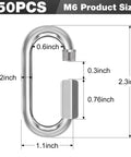Diagram showing M6 Quick Links Chain Connectors 50 Pack 2.3 Inch Long Quarter Inch Thick Galvanized Heat Treated Steel Locking Carabiners.