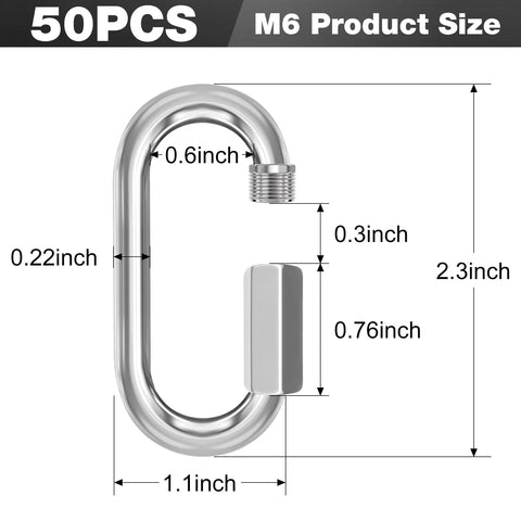 Diagram showing M6 Quick Links Chain Connectors 50 Pack 2.3 Inch Long Quarter Inch Thick Galvanized Heat Treated Steel Locking Carabiners.