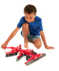 Child playing with Disc Harrow Tractor Attachment 1:16 Scale Red Farm Equipment Toy For Tractor Models, Kid Friendly.