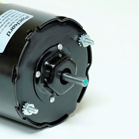 Packard 50405 Compatible Bathroom Fan Vent Motor Replacement, close-up of motor shaft and mounting bolts on black casing.