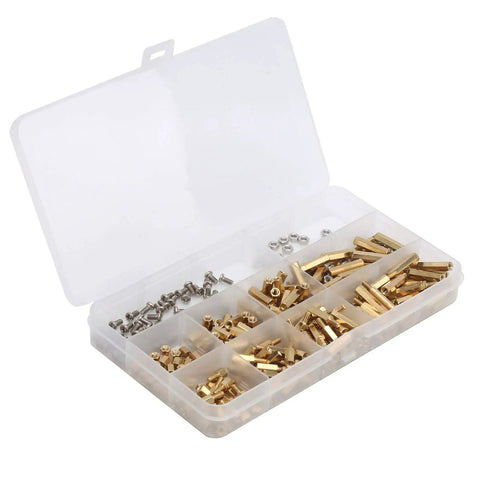 Brass M3 Hex Standoff Spacer Kit 300 Piece Screw Set For Motherboards, Electronics Enclosures, 3D Printers And DIY Projects Tarnish Resistant Zinc Plated Hardware Includes 5mm To 20mm Length Variants. open compartment box with brass standoffs and screws