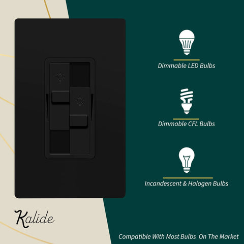 Kalide Dual Load Dimmer Light Switch For LEDs, Full Range Dimming, Single Pole 120V 60Hz, 200W LED CFL, Black Finish