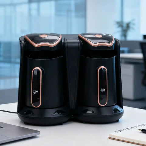 Electric Turkish Coffee Maker With Dual Pot Design 1200W 500ml 2 Cup Brew System in an office setting.