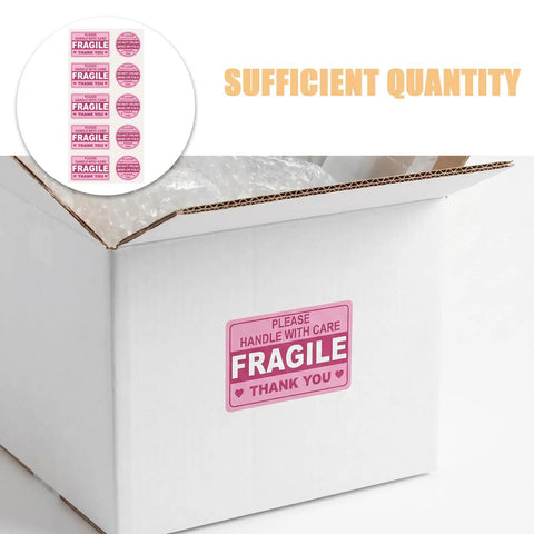 Fragile Shipping Labels Pack With Red Copper Plate Stickers For Quick ID And Clear Communication, Rectangle And Round Shapes For Courier Ops And Packing Supplies, Handle With Care. pink fragile label on white shipping box, self-adhesive