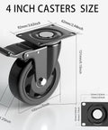 Side view of 4-inch heavy-duty swivel caster wheels with brakes, set of 4, black top-plate mounting