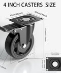 Built Tough 4 Inch Caster Wheels With Dual Safety Brakes Rust Proof Coated showing size dimensions and design features.