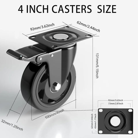 Built Tough 4 Inch Caster Wheels With Dual Safety Brakes Rust Proof Coated showing size dimensions and design features.