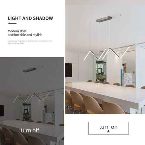 Slick Chrome LED Dimmable Linear Wave Pendant Lights For Kitchen Island And Dining Room Hanging 47.2 Inch Adjustable Chandelier Off