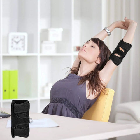 Woman stretching with Elbow Brace With Two Removable Metal Splints For Tendonitis And Ulnar Nerve Entrapment, All Day Pain Relief.