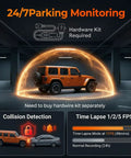 Illustration of 24/7 parking monitoring with a 12 Inch Mirror Dash Cam With Crystal Clear 4K UHD Front And 2.5K Rear
