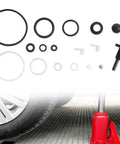 2 Ton Vertical Hydraulic Bottle Jack Repair Kit with Oil Seal and O Ring Replacement Parts shown with red jack lifting car