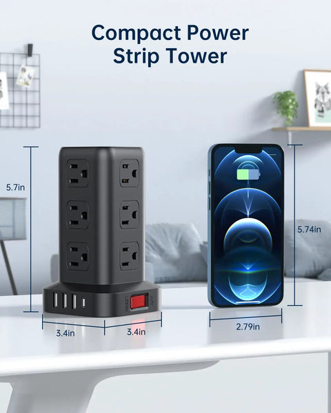 Compact Surge Protector Power Strip Tower With 10 Ft Cord And 12 Outlets, 4 USB Ports Including 1 USB C For Home Office