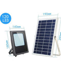 JUDYSSY Solar Floodlight Outdoor with 120 LED, dimensions shown, next to solar panel for outdoor lighting use.