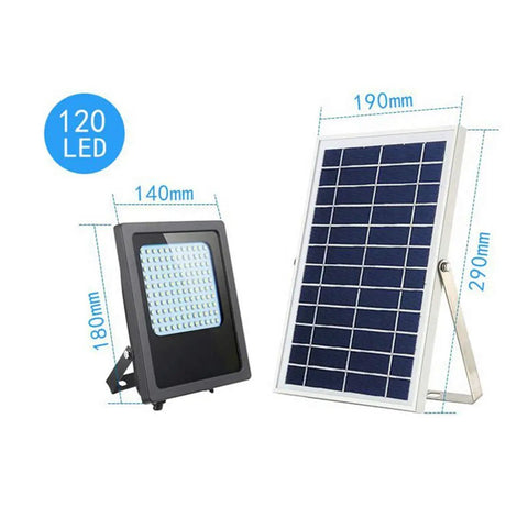 JUDYSSY Solar Floodlight Outdoor with 120 LED, dimensions shown, next to solar panel for outdoor lighting use.