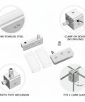 Easy Install Frameless Glass Door Hinges No Drill Clamp On Pivot Hardware For Shower Enclosures And Cabinet Doors Stainless Steel 1 Pair Quick Install And Secure Alignment with detailed components, stainless steel construction.