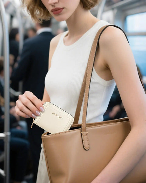 Woman placing RFID Leather Credit Card Holder For Women, Compact Zipper Wallet with 9 Card Slots in beige handbag on train