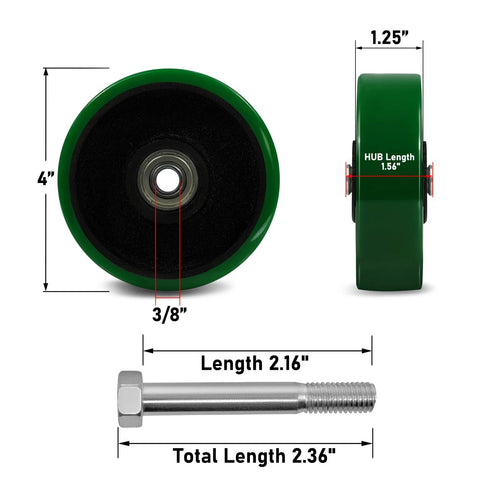 Diagram of 4 Inch Caster Set Of 4 Replacement Wheels With Polyurethane Tread On Cast Iron Cores Ball Bearings 3/8 Inch Bore