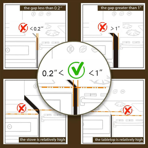 Diagram showing fit scenarios for Silicone Stove Counter Gap Cover 30 Inches For 0.2 To 1 Inch Gap Extra Long Kitchen Gap Filler.