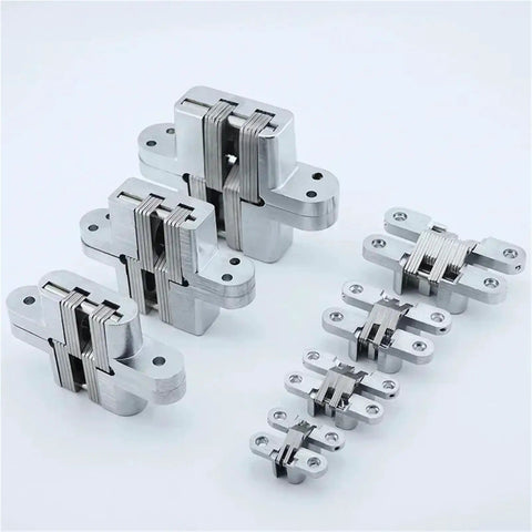 Heavy Duty Concealed Door Hinges Totally Invisible Hidden Stainless Steel Gate Hardware Flush Mount set in various sizes.