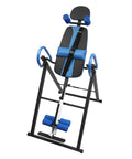 Blue and black inversion table for back pain relief with a 330lb capacity decompression stretcher for home therapy relaxation.