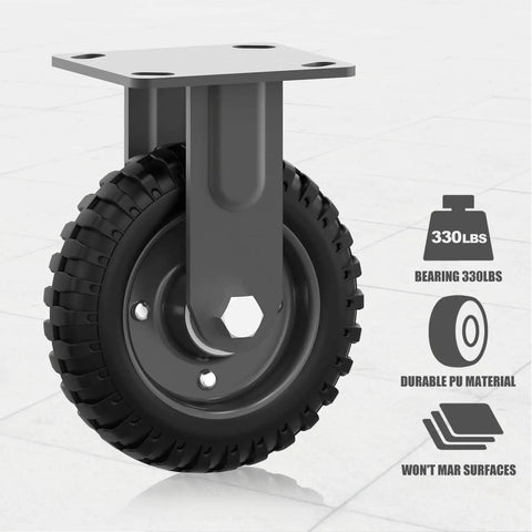 8 Inch Fixed Heavy Duty Caster Wheel 1000 LB Capacity Solid Rubber Black Rim Flat Free Outdoor For Carts Dollies Workbenches Trolleys DIY Tools 2 Pack, side view