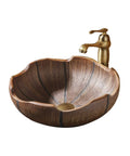 Rustic Ceramic Vessel Sink And Faucet Combo Countertop Wash Basin Heavy Duty Hand Molded Artistic Funnel Design Smooth surface with detailed texture.