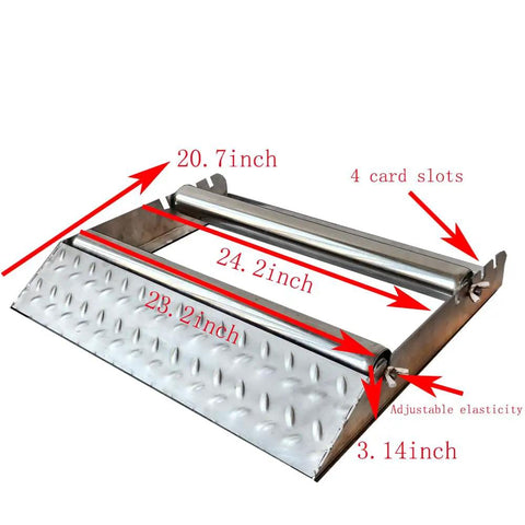 Rugged Stainless Steel Cable Roller Stand With 304 Wheel System 3 Position Height Adjustment And Smooth Glide For Big Spools Wire Rope And Electrical Conduit Rustproof shown in side view with measurements.