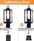 Rugged Outdoor Post Light With E26 Socket Waterproof And Anti Rust Build, two mounting options displayed, matte black pillar lantern.