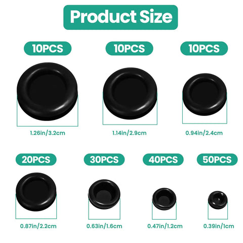 170 Piece Rubber Grommet Kit With Seven Size Waterproof Grommets for Cable Protection, showing product size chart.