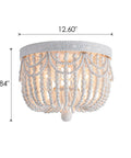 Four Light Boho Wood Beaded Ceiling Light Fixture, Rustic Flush Mount Chandelier, 12.6 in diameter, white maple beads, metal frame