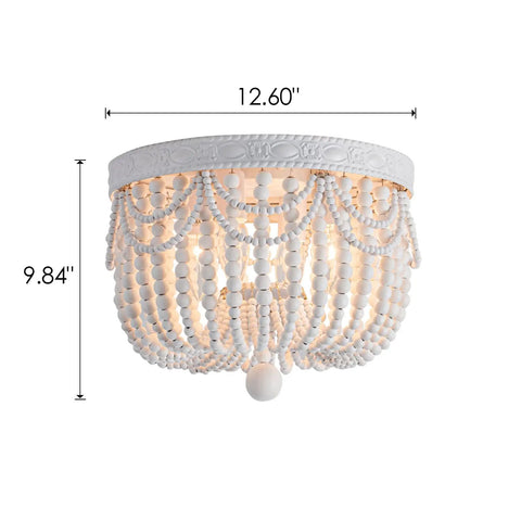 Four Light Boho Wood Beaded Ceiling Light Fixture, Rustic Flush Mount Chandelier, 12.6 in diameter, white maple beads, metal frame