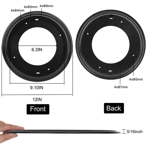 Straight Up Heavy Duty 12 Inch Lazy Susan Turntable with smooth ball bearing, showcasing front and back dimensions, 5/16 thick base.