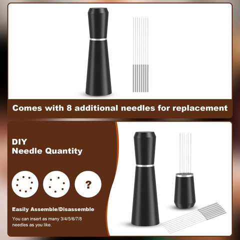 Espresso Distribution Tool WDT with 8 Pin 0.35mm Stainless Steel Needles, Black Aluminum Alloy Handle displayed with removable needles.