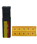 3/8 in shank indexable metal lathe end mill tool holder with 10 brown carbide inserts in yellow storage tray