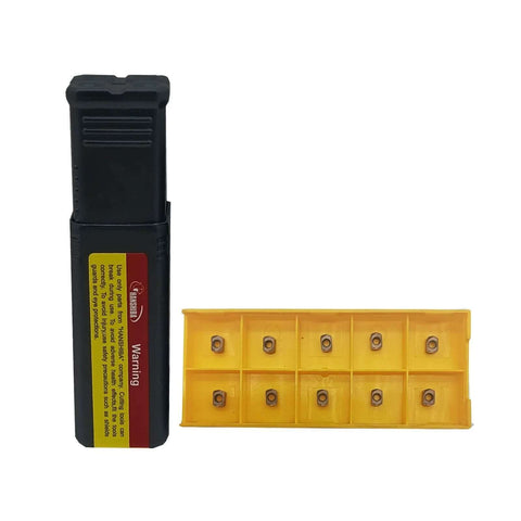 3/8 in shank indexable metal lathe end mill tool holder with 10 brown carbide inserts in yellow storage tray