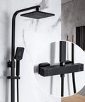 UMJIGF Black Thermostatic Shower System with Cold and Hot Water Shower Combo Set Multifunction Double Handles Shower Faucet Set with Handheld Shower, Top Fall Shower Head,Style,Style 2 mounted on a wall.
