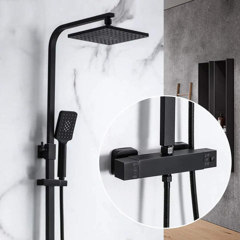 UMJIGF Black Thermostatic Shower System with Cold and Hot Water Shower Combo Set Multifunction Double Handles Shower Faucet Set with Handheld Shower, Top Fall Shower Head,Style,Style 2 mounted on a wall.
