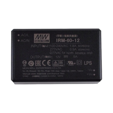 Ultra Compact 60W 12V 5A AC to DC Power Supply Module for PCB or Chassis Mounting, Global 85-305VAC Input, 12V Regulated Output, Space Saving Mini Converter With Optional Screw Terminals for Easy Integration. black Mean Well IRM-60-12 AC-DC module label