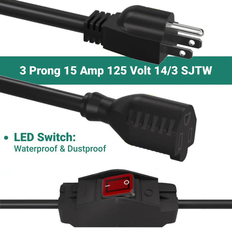 Rough And Ready Heavy Duty Extension Cord With Switch Waterproof 3 Prong Outdoor Power Cable Rated 15 Amp And 1875 Watt close-up of plug and LED switch