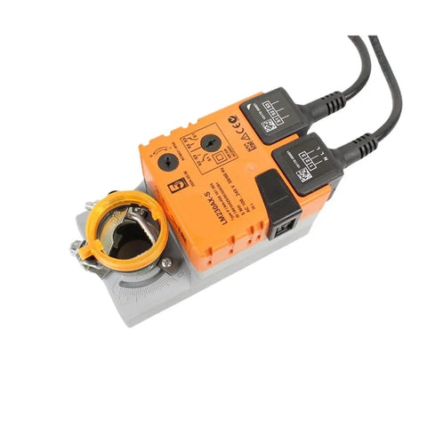 Heavy Duty Damper Actuator Built Like A Tank For Hvac Ventilation, robust design with connecting cables and adjustment dial.
