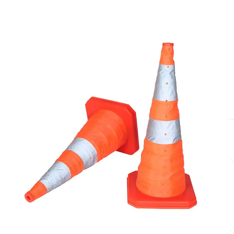 Five Pack 18 Inch Collapsible Traffic Cones With LED Night Lights For Safe Parking And Roadwork, Fluorescent Orange With Reflective Strips