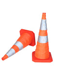 4 Pack 27.6 Inch Collapsible Traffic Cones With Nighttime LED Lights Must Have Pop Up Safety Road Cones For Parking And Construction Fluorescent Orange With Reflective Strips Folds Flat To 1.6 Inches Includes Red Storage Bag, two cones unfolded on white background.