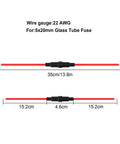 Top Shelf 5X20MM Inline Fuse Holder Screw Type With 22 AWG Wire For Fast Blow Glass Fuses 6 Pack showing dimensions and wire gauge.