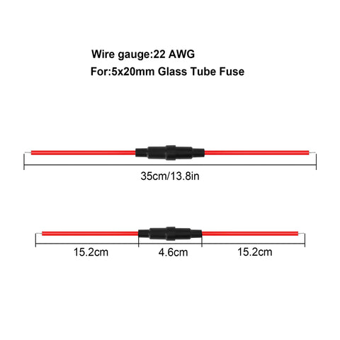 Top Shelf 5X20MM Inline Fuse Holder Screw Type With 22 AWG Wire For Fast Blow Glass Fuses 6 Pack showing dimensions and wire gauge.