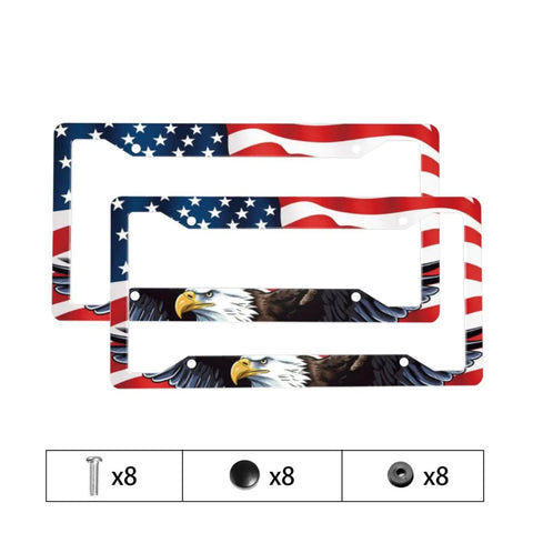 American Flag Bald Eagle License Plate Frame 2 Pack for Cars Rustproof Aluminum Plate Holder With Screw Caps Patriotic Metal Tag Frame Fits Standard 12x6 Inch US Plates