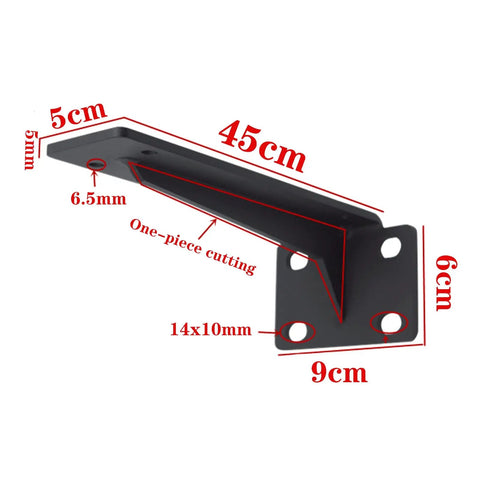 Close-up of Rock Hard Heavy Duty Corner Shelf Bracket With Matte Black Finish, dimensions labeled for wall mount use.