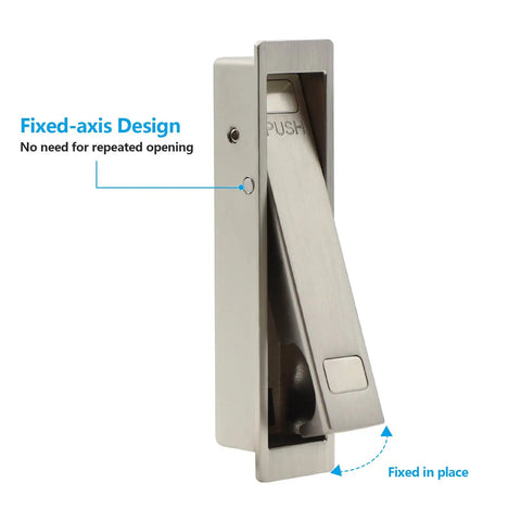 Pocket Door Handle Kit With Flush Recessed Pull In Brushed Nickel, Auto Retract Design, Easy Press Release, One-Hand Operation, Durable Solid Construction, No-Fuss Finger Edge Access, 2 Pack fixed-axis design close-up