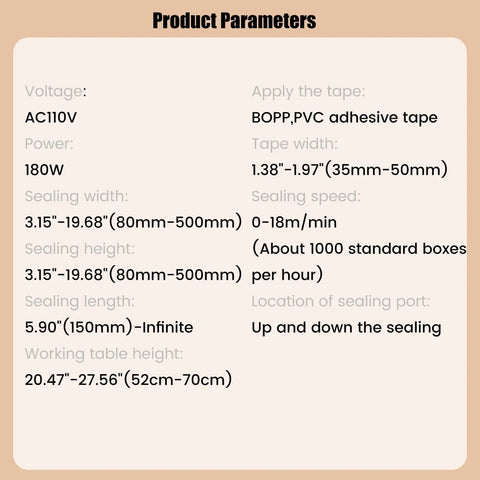 Product parameters of No Fuss Heavy Duty Automatic Tape Carton Sealing Machine with specifications and dimensions.