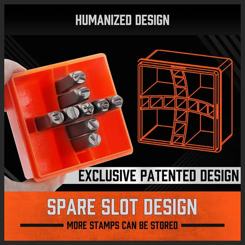 Easy To Pick 37 Piece Metal Letter And Number Stamp Set with space-saving layout showing spare slots for stamp storage.